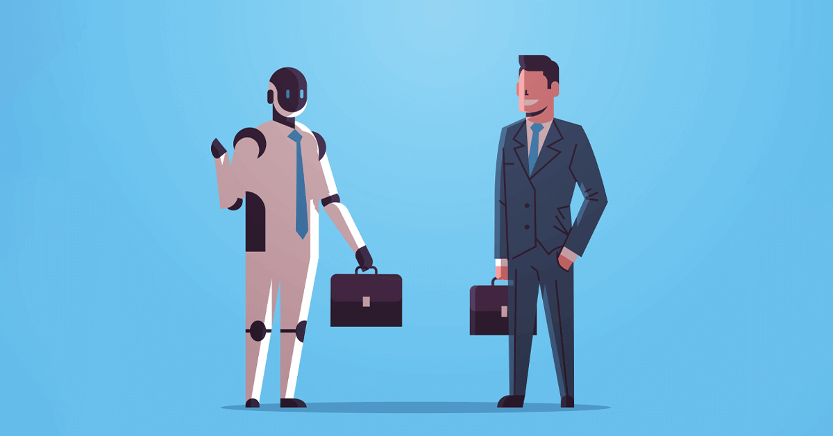 AI valuation robot and human certified business appraiser standing together, comparing valuation methods.
