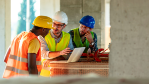 Construction crew reviewing project plans on a laptop at a job site