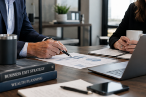 Business advisor and owner reviewing exit strategy and wealth planning materials