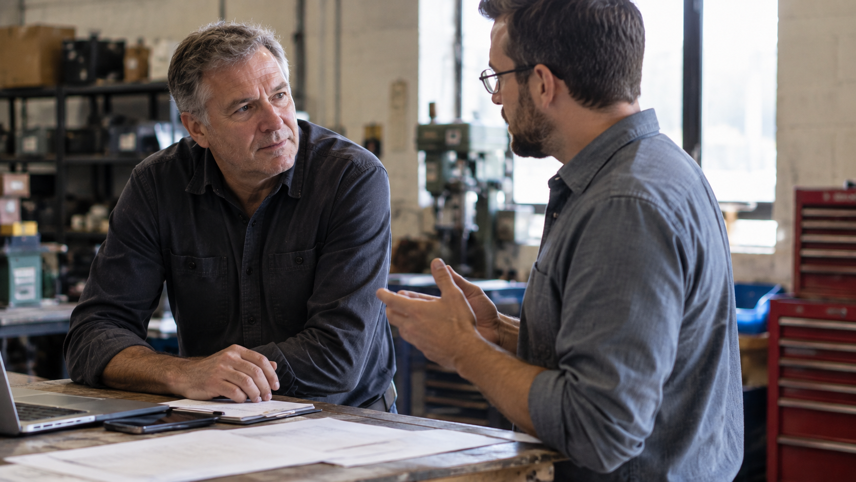 Business owner discussing seller financing terms with a prospective buyer at a shop