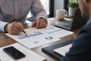 Advisor and business owner reviewing financial charts related to working capital
